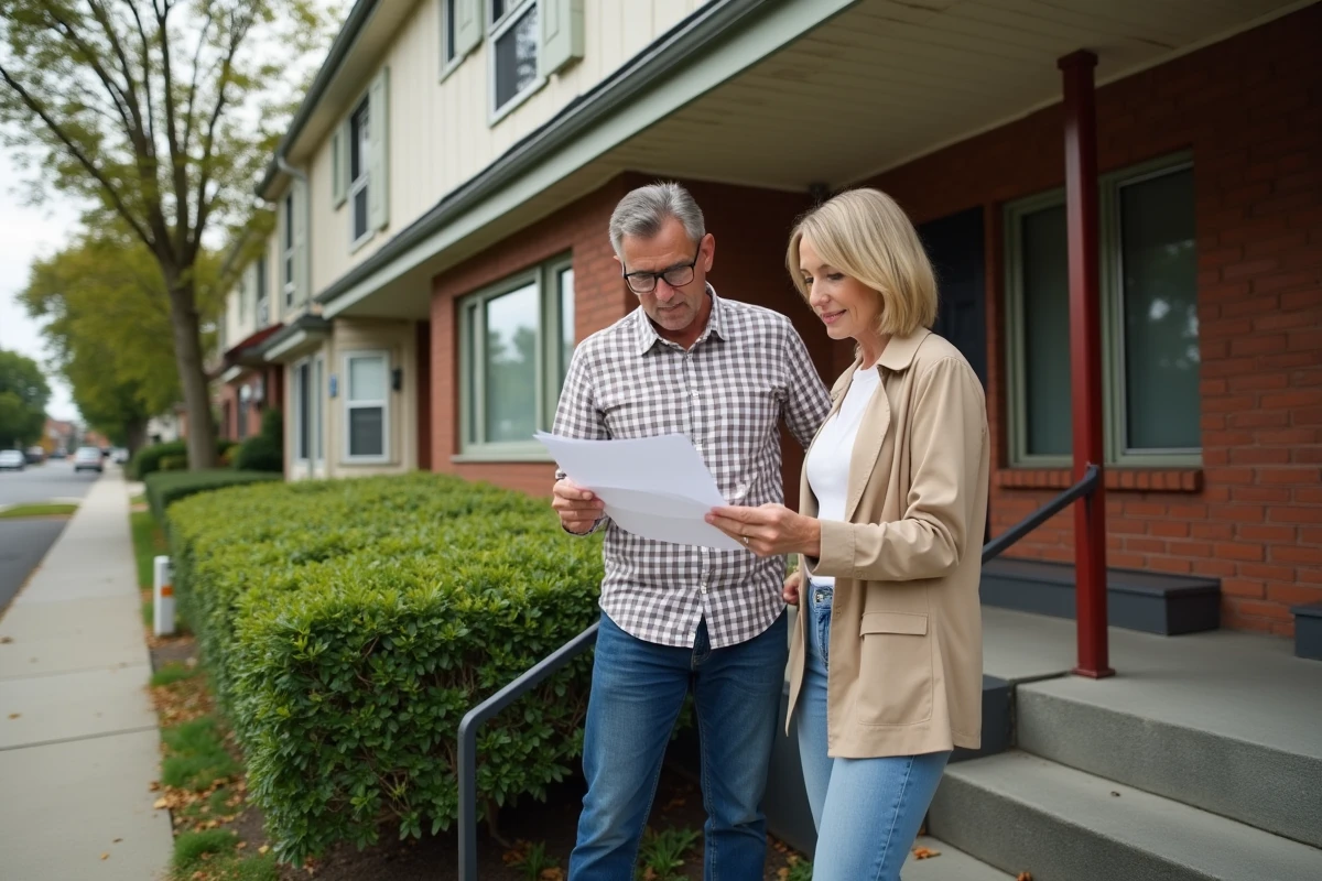 Couple devant une maison à vendre examinant une fiche immobilière avec panneau à vendre visible dans un quartier résidentiel