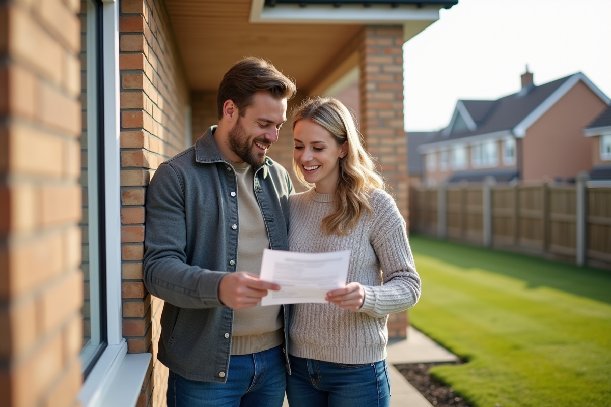 Jeune couple examinant une maison neuve dans le quartier