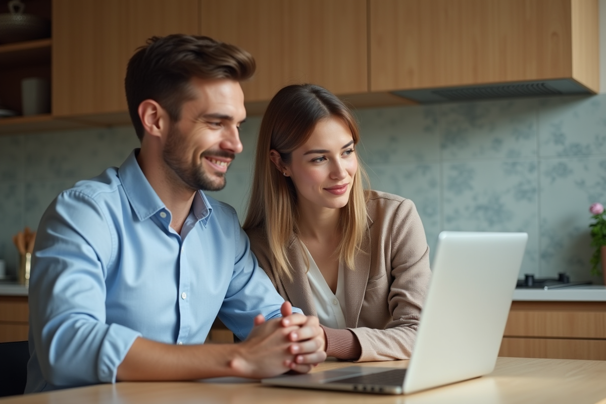 Jeune couple vérifie leur demande de prêt immobilier à la maison