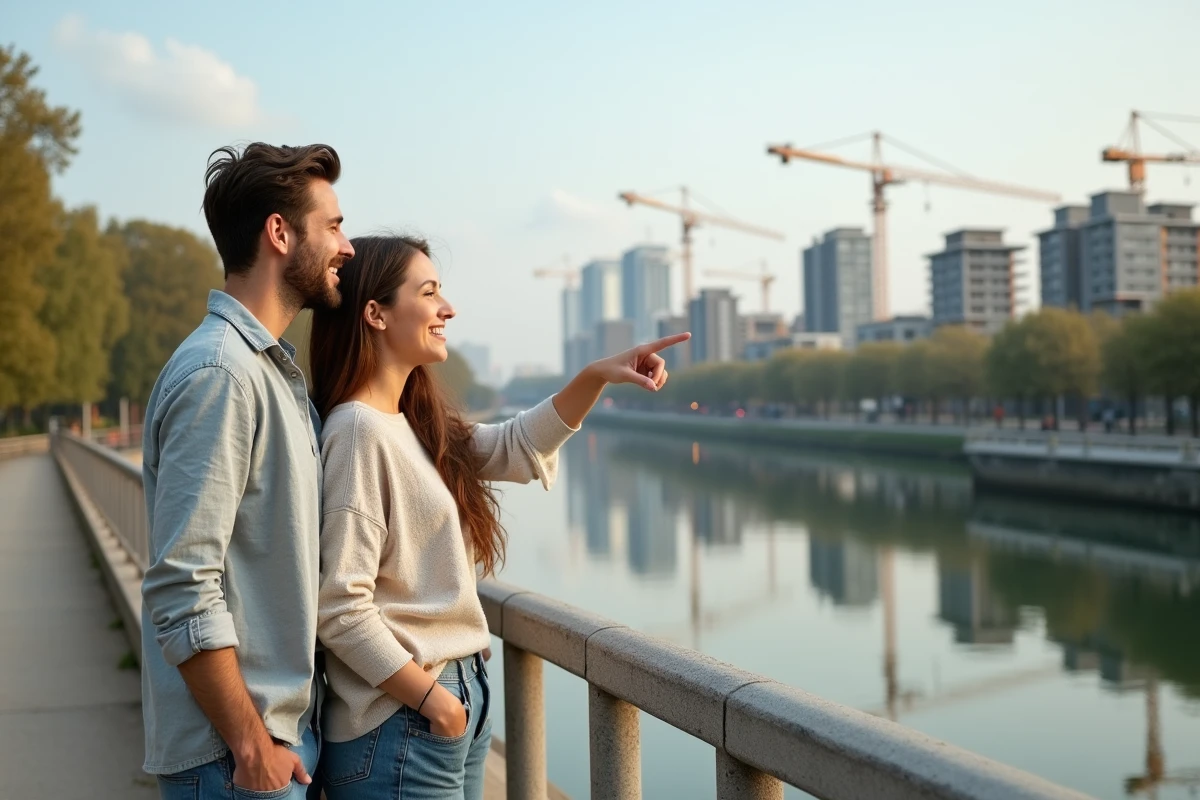 Couple observant un quartier en construction depuis un pont à Saint-Germain-en-Laye, symbolisant l'investissement immobilier 2026