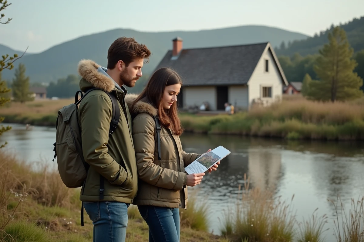 Jeune couple examinant un flyer immobilier au bord de la rivière