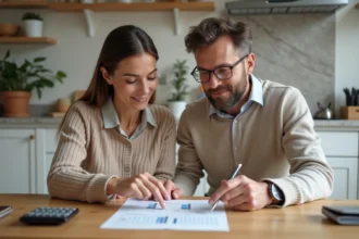 Couple étudiant des documents de remboursement anticipé de prêt immobilier autour d'une table en bois