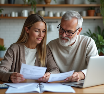 Couple d'âge moyen vérifiant des reçus de rénovation dans la cuisine