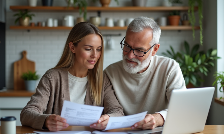 Couple d'âge moyen vérifiant des reçus de rénovation dans la cuisine