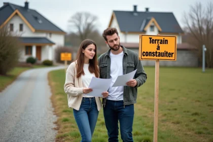 Jeune couple regardant un panneau terrain à construire