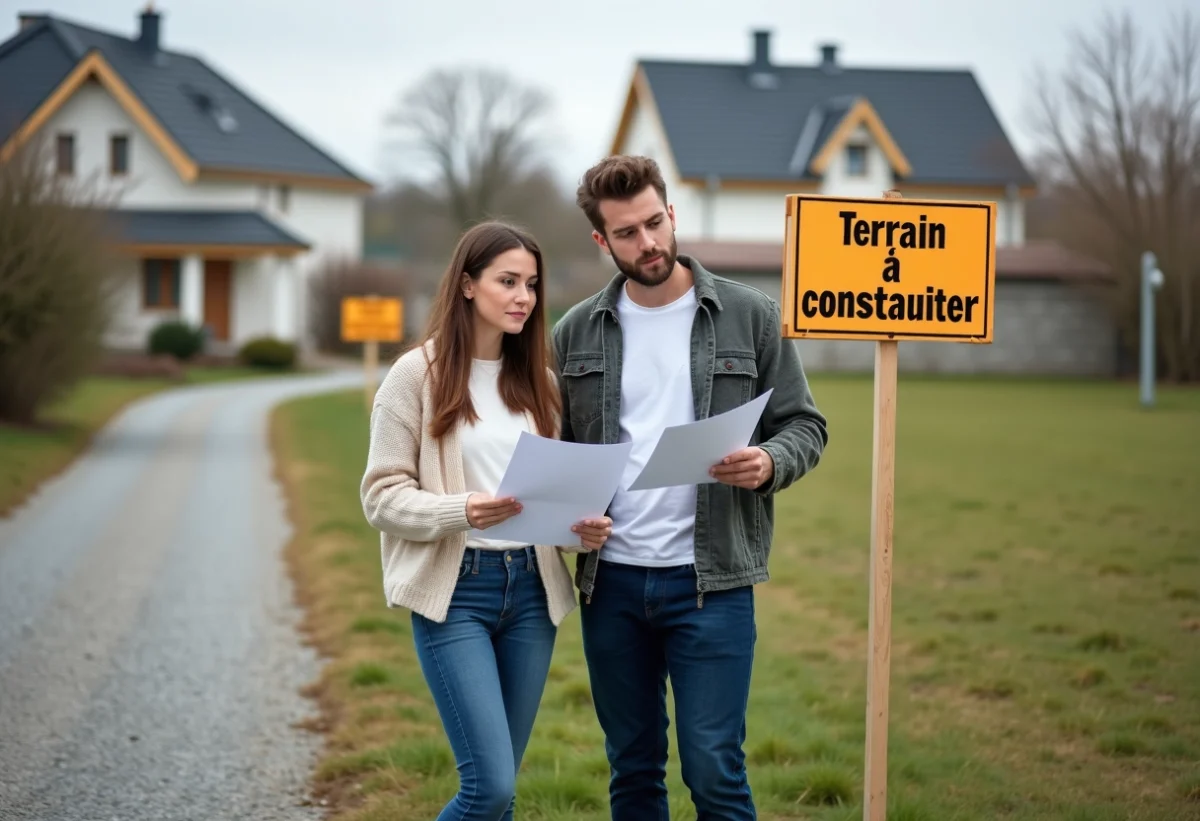 Jeune couple regardant un panneau terrain à construire