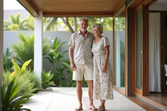 Couple retire souriant devant villa moderne à Koh Samui