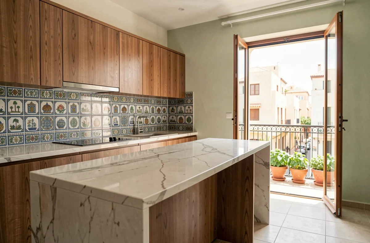 Cuisine contemporaine d'un appartement à vendre à Marrakech avec carrelage artisanal marocain, ilot en marbre et balcon donnant sur le quartier Guéliz