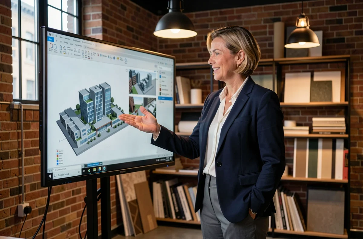 Architecte de D-Concepts devant un écran affichant un rendu 3D dans un bureau au design moderne avec briques apparentes
