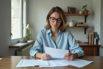 Femme consultant des dossiers de demande de logement social dans un appartement parisien modeste