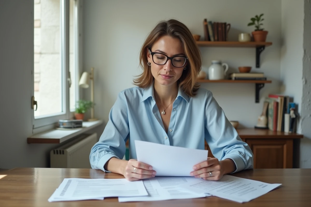 Femme consultant des dossiers de demande de logement social dans un appartement parisien modeste