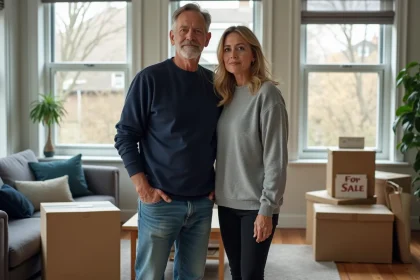 Couple devant maison en transition avec cartons et panneau vente