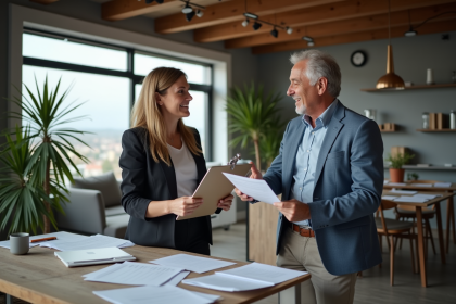 Femme en blazer discutant avec un homme dans un bureau moderne