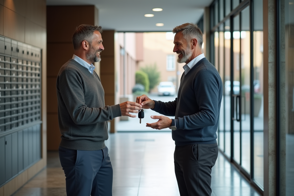 Homme discutant avec un locataire en tenant des clés dans un hall