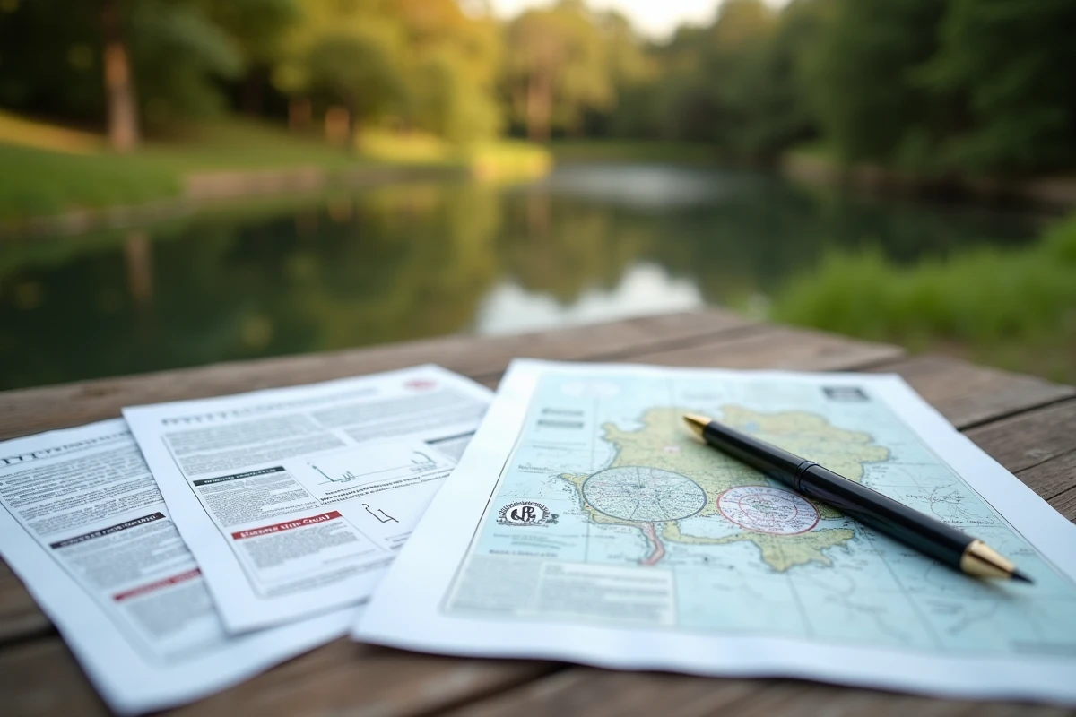 Documents administratifs pour l'achat d'un étang en zone protégée avec permis environnemental et carte topographique