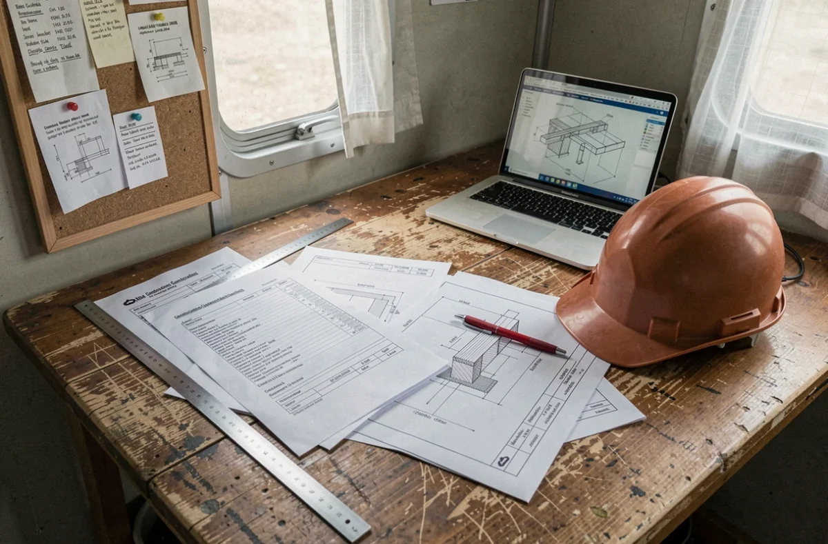 Documents contractuels et plans de fondation sur un bureau de chantier pour une reprise en sous-œuvre