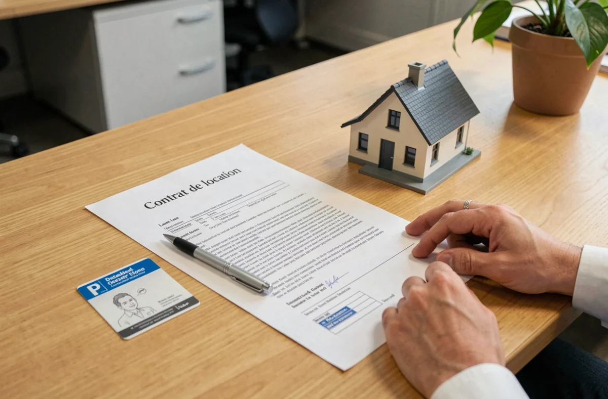 Documents de location et carte de stationnement handicapé posés sur un bureau administratif