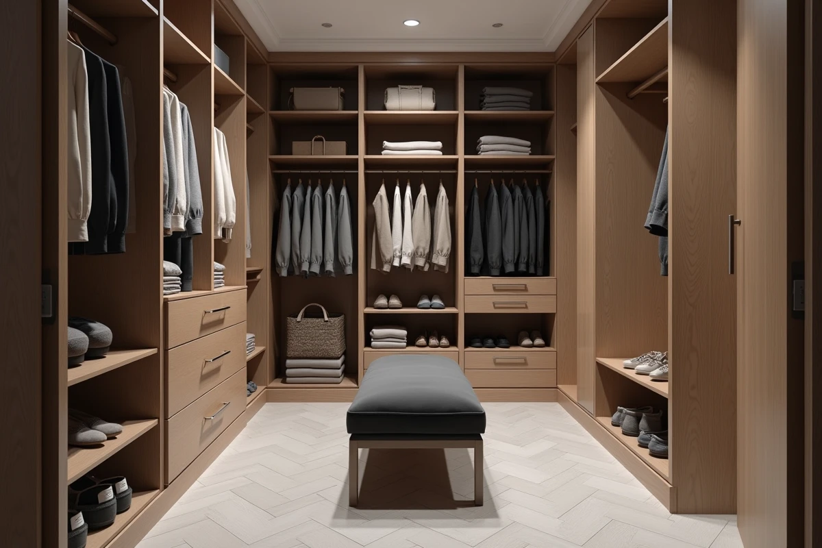 Dressing aménagé dans une chambre avec étagères en bois, penderies et banc rembourré en velours gris anthracite