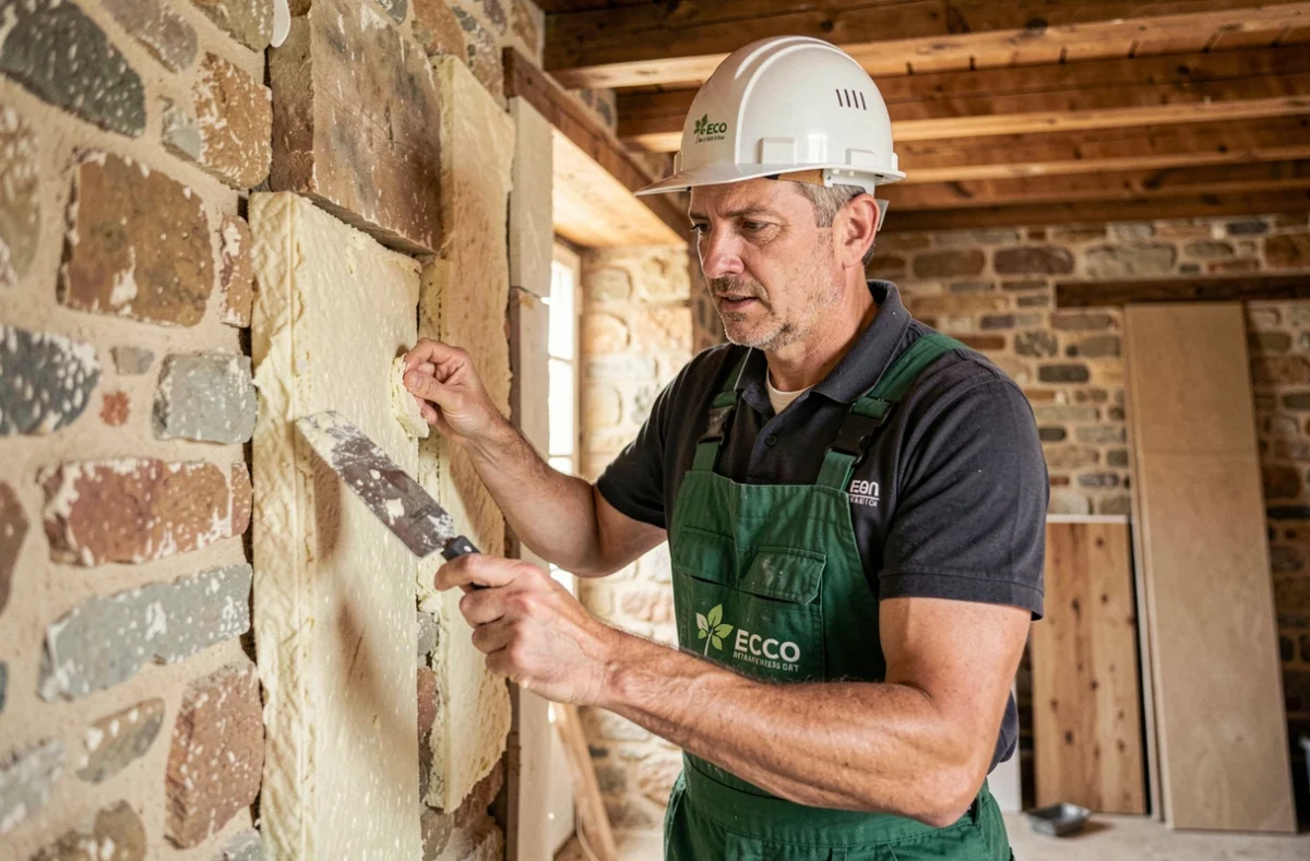 Spécialiste d'ECOGIA appliquant une isolation thermique naturelle sur le mur intérieur d'une maison provençale en pierre en cours de rénovation