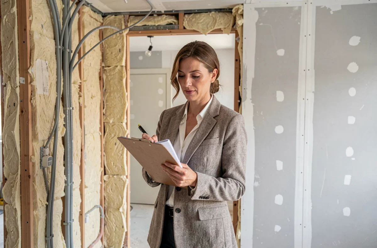 Chef de projet d'EID 13 inspectant un chantier de rénovation énergétique intérieure dans un immeuble résidentiel à Marseille
