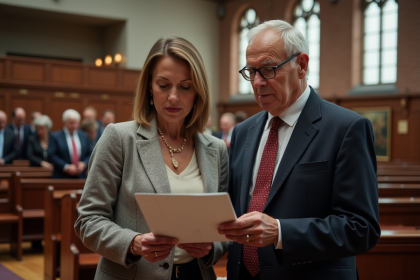 Une femme d'âge moyen et un homme âgé étudient un catalogue d'enchères