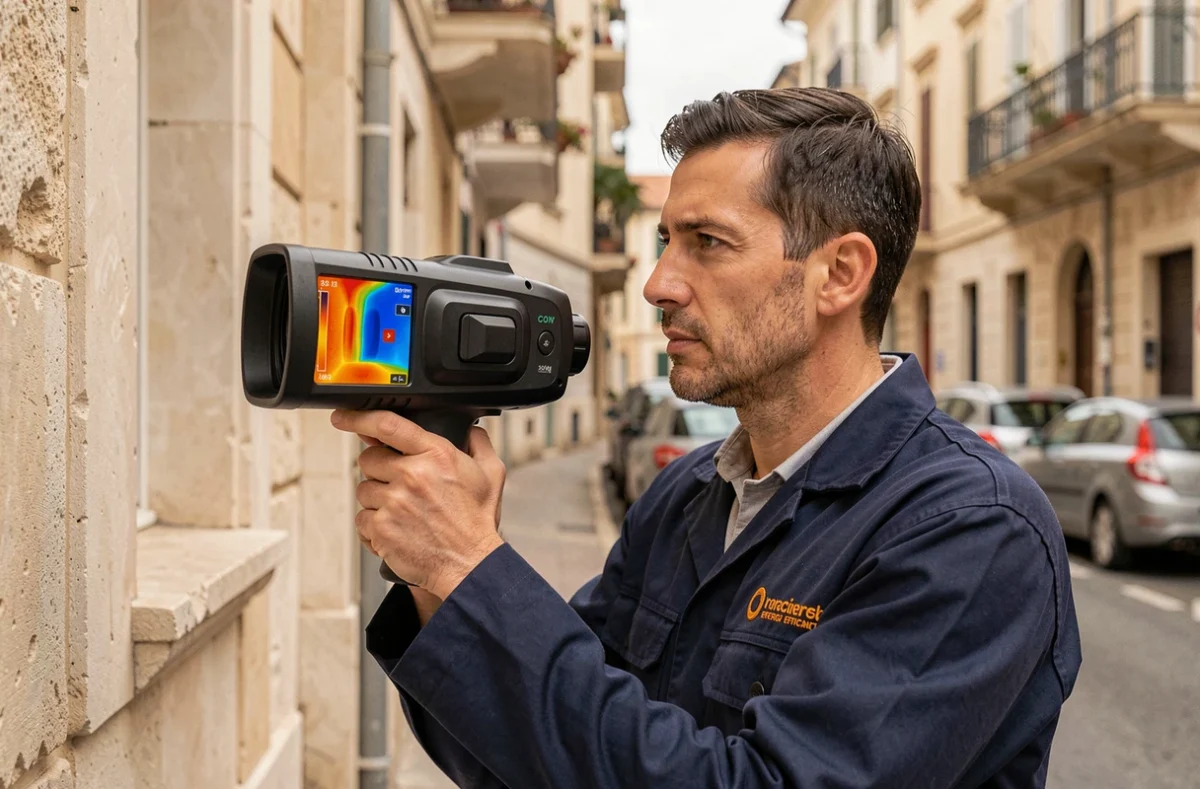 Ingénieur d'Entalpik réalisant un diagnostic thermique avec une caméra infrarouge sur la façade d'un immeuble résidentiel à Marseille