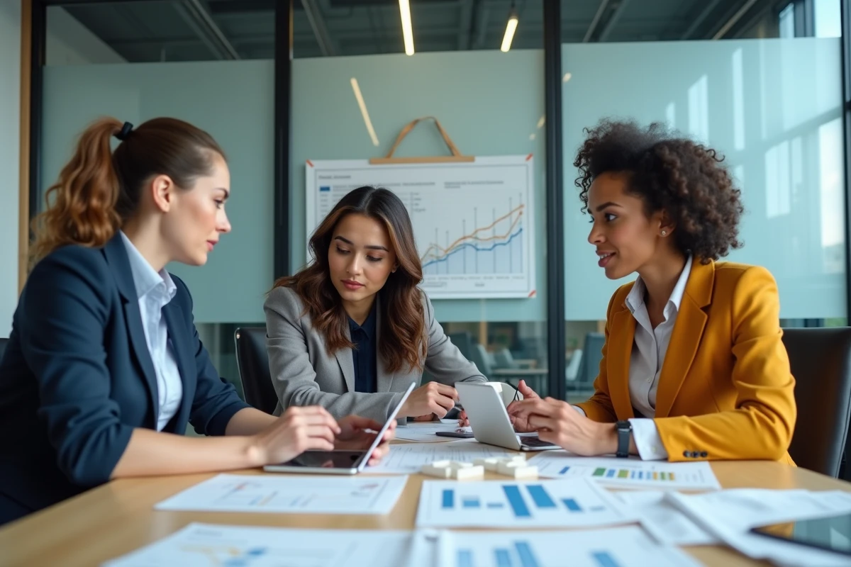 Equipe de professionnels discute autour de plans et modèles