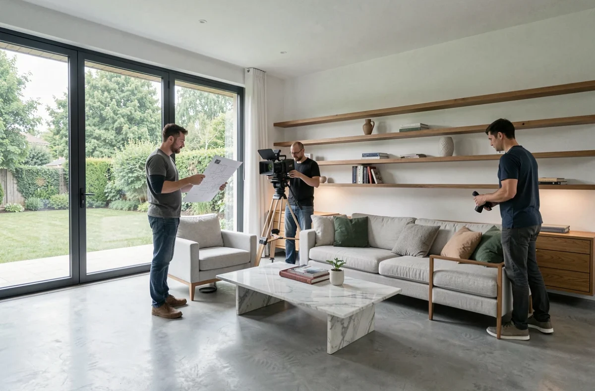 Équipe de tournage professionnelle installant du matériel cinématographique dans le salon moderne d'une maison privée louée pour une production