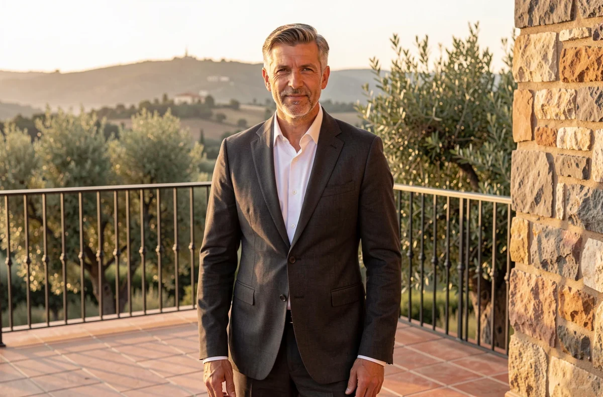 Architecte Eric Santos sur la terrasse d'une villa méditerranéenne achevée dans le Var avec sol en terre cuite et oliviers