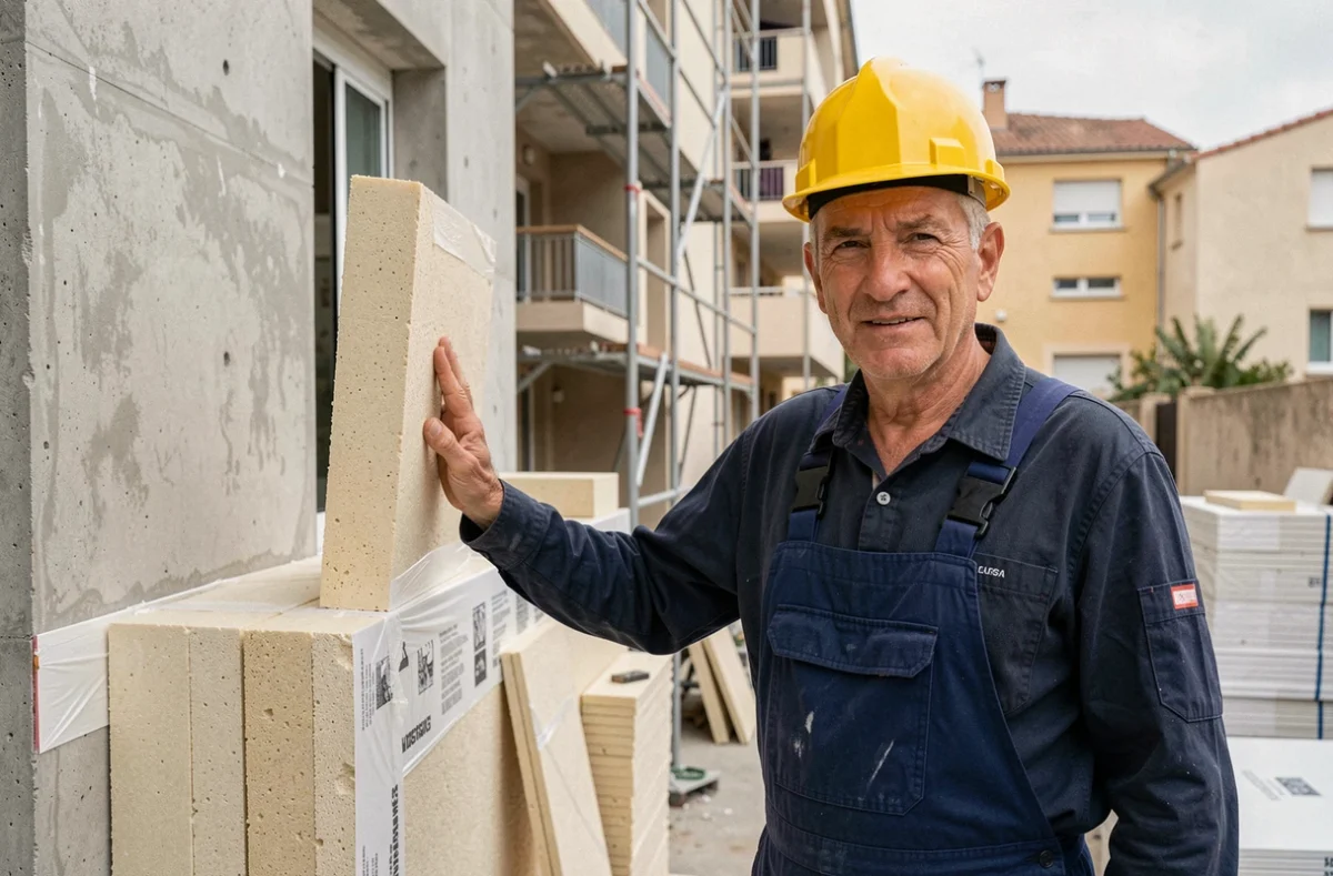 Entrepreneur de Ets Bonneaud Sas devant un chantier d'isolation thermique extérieure sur un immeuble résidentiel à Marseille
