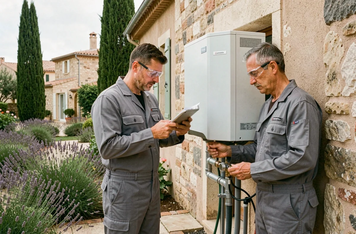 Techniciens de Ets HCPC installant une pompe à chaleur sur la façade extérieure d'une maison résidentielle dans les Bouches-du-Rhône