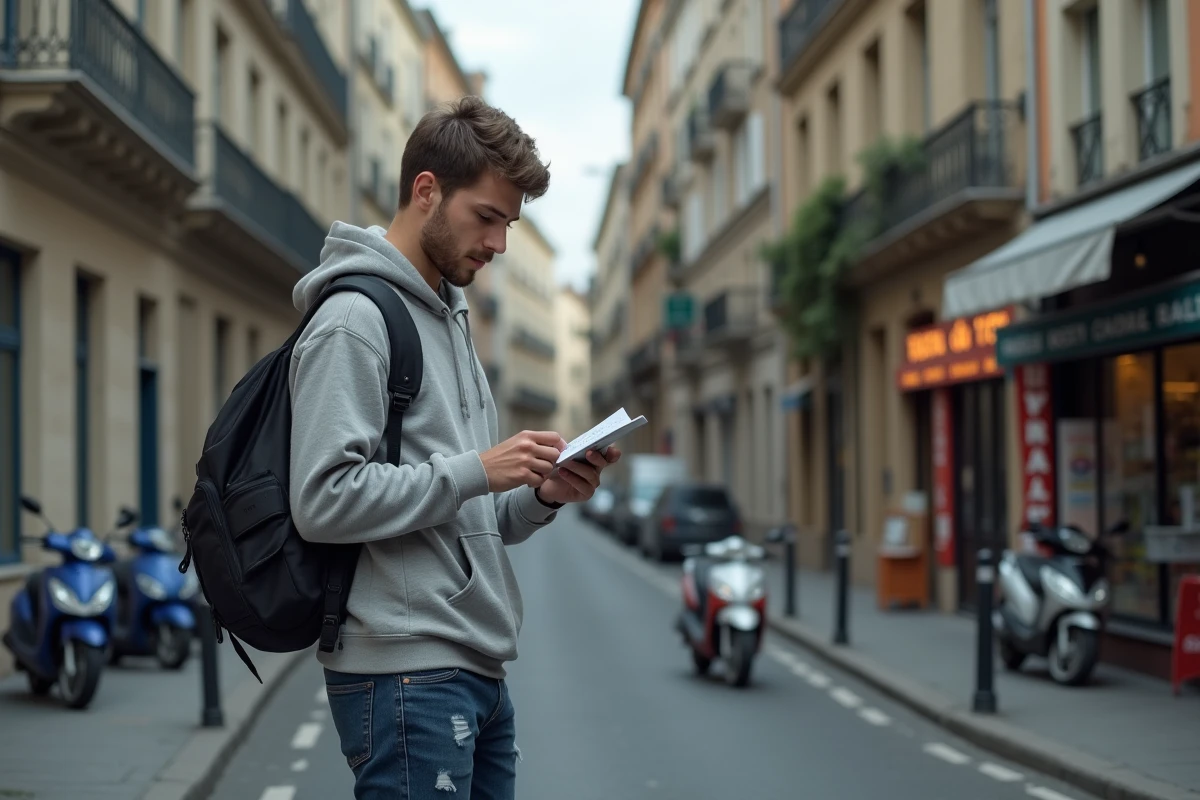 Étudiant consultant son téléphone dans un quartier animé de Brive-la-Gaillarde avant de choisir son logement