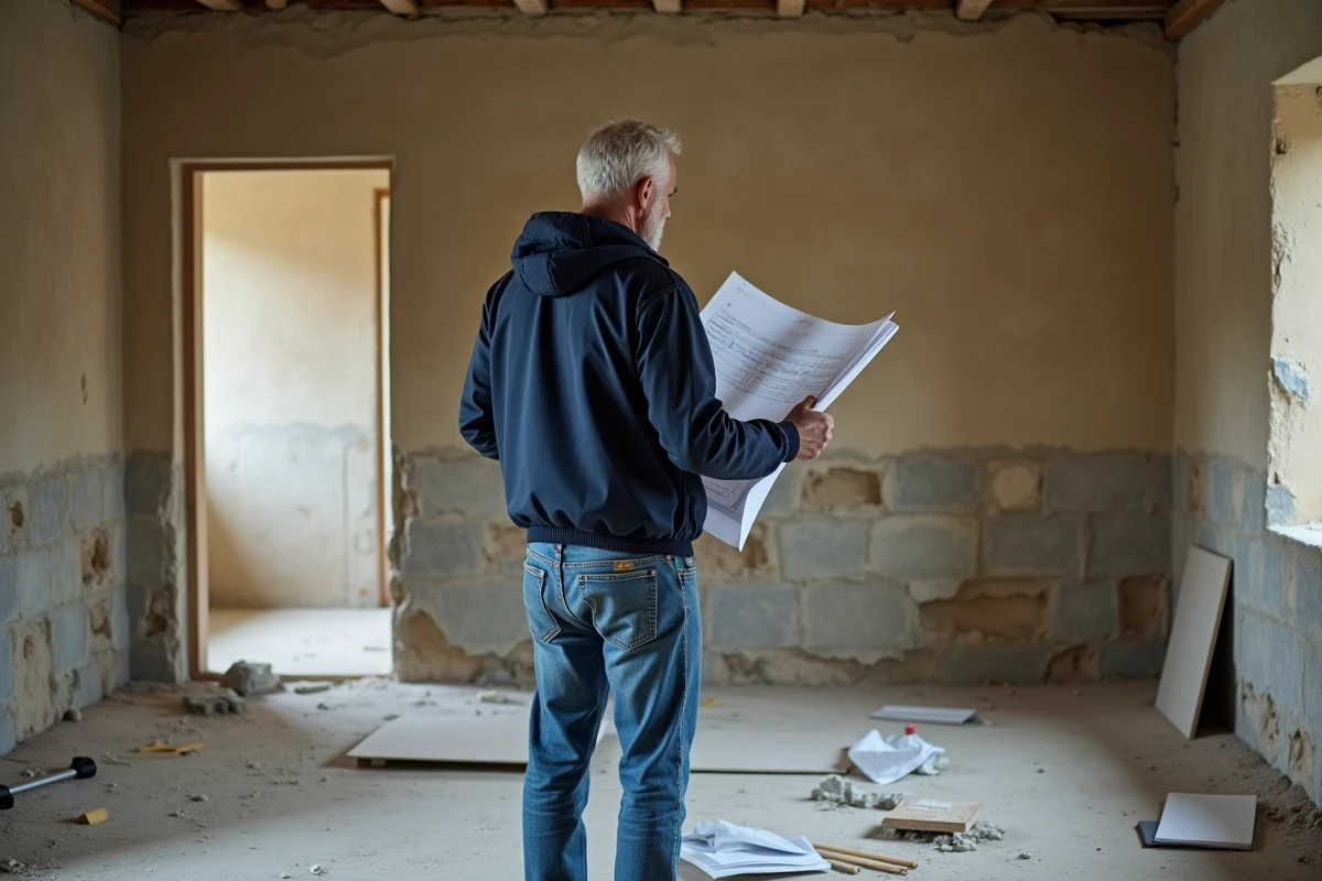 Architecte ou maître d'œuvre étudiant les plans de rénovation d'une maison bretonne en bord de mer