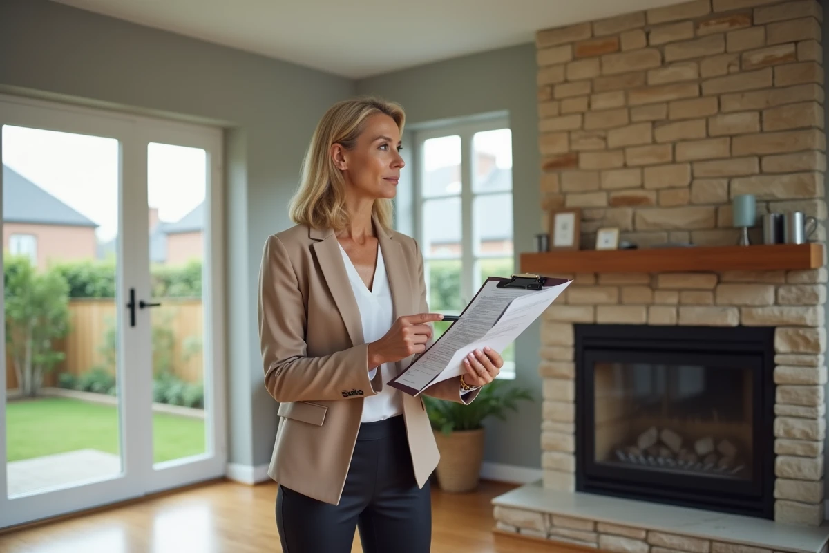 Experte immobilière en visite d'estimation dans une maison lors d'une succession ou d'un divorce