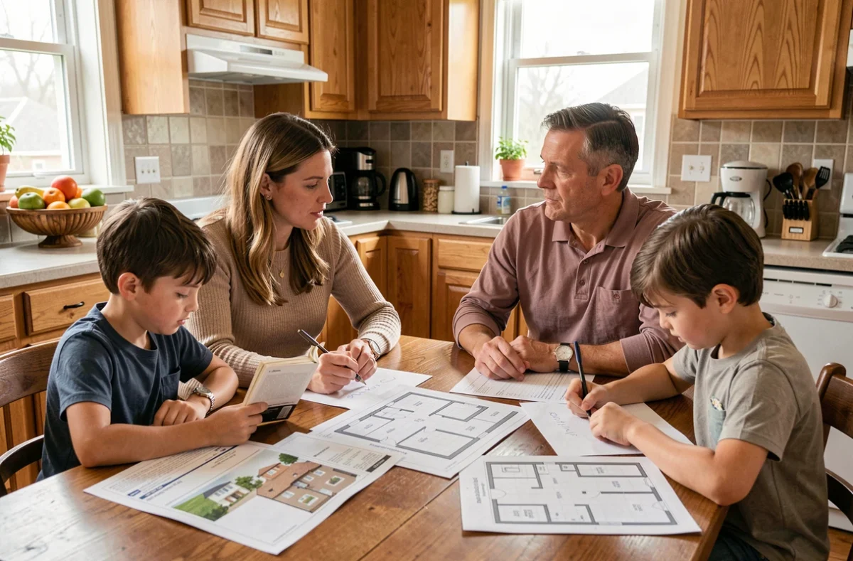 Famille de quatre personnes étudiant des plans d'appartements T3 et T4 autour d'une table de cuisine