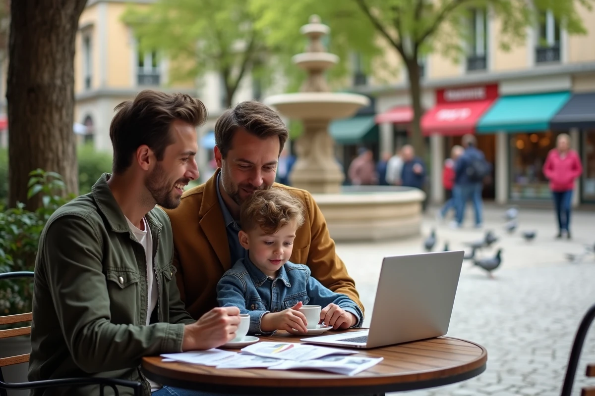 Famille attablée en terrasse à Chambéry en comparant des quartiers sur ordinateur avant leur déménagement