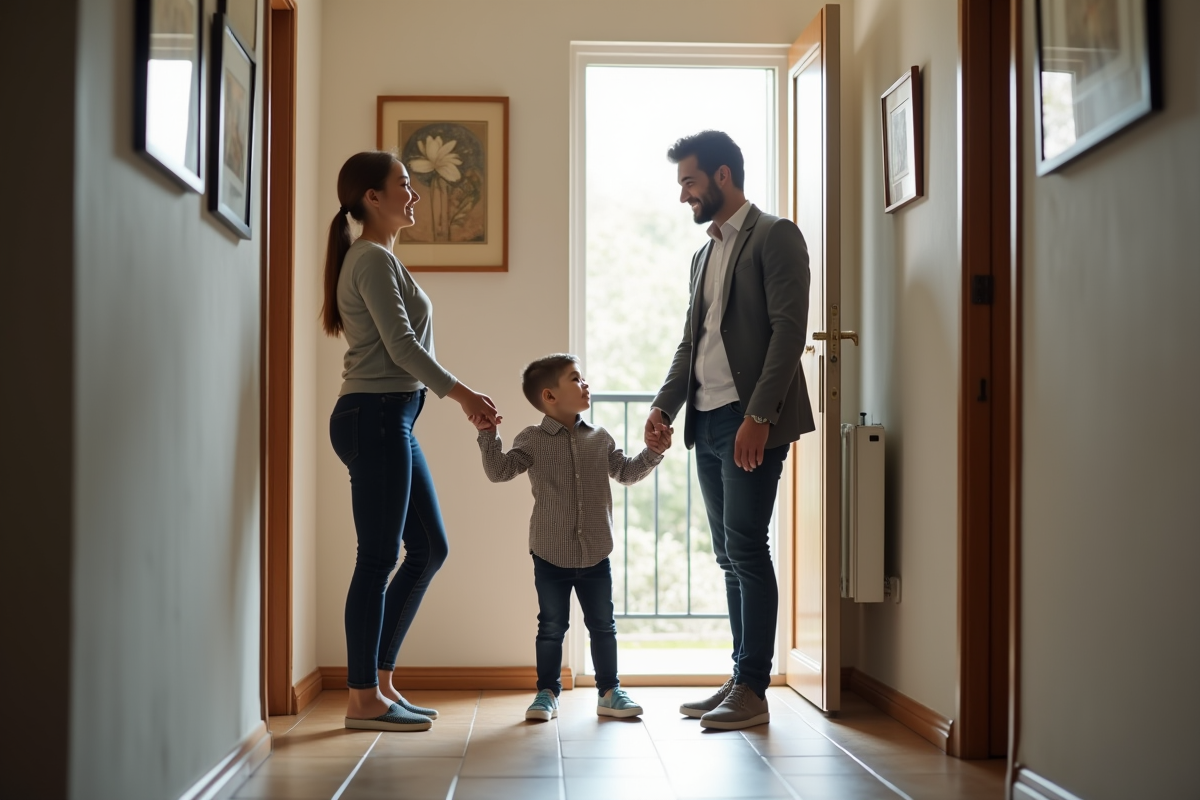 Famille accueillie par une propriétaire dans un hall lumineux