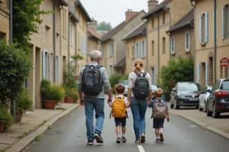 Famille avec enfants se promenant dans un quartier résidentiel de Brive-la-Gaillarde pour évaluer l'environnement urbain