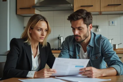 Femme d'affaires et jeune homme examinant des papiers dans la cuisine