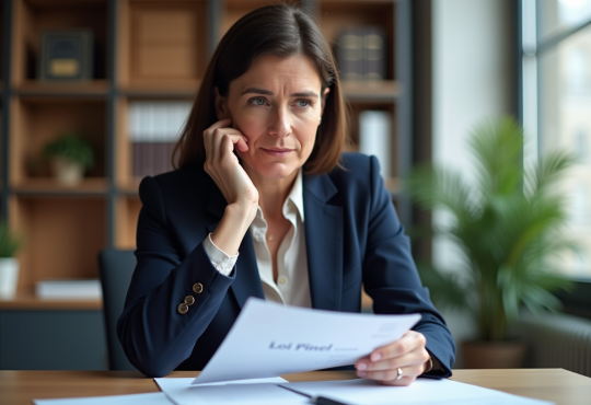 Femme d'affaires en réunion avec documents Loi Pinel