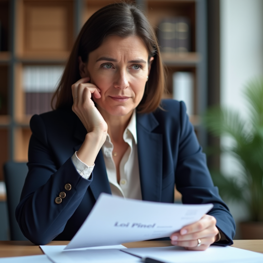 Femme d'affaires en réunion avec documents Loi Pinel