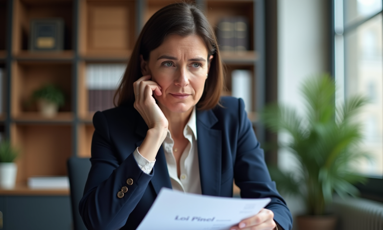 Femme d'affaires en réunion avec documents Loi Pinel