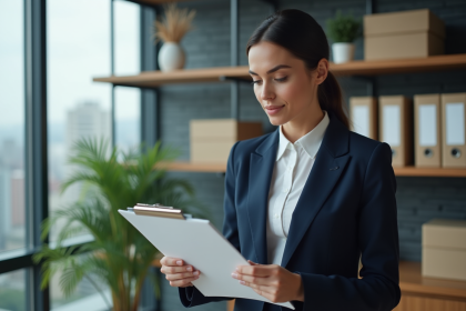 Femme d'affaires en costume navy dans un bureau moderne