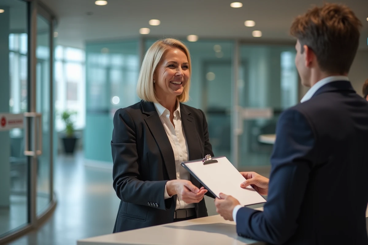Femme d affaires remettant des documents dans un bureau moderne
