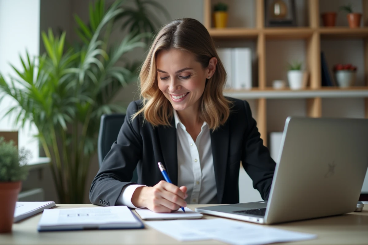 Femme d'affaires examinant des documents de prêt immobilier
