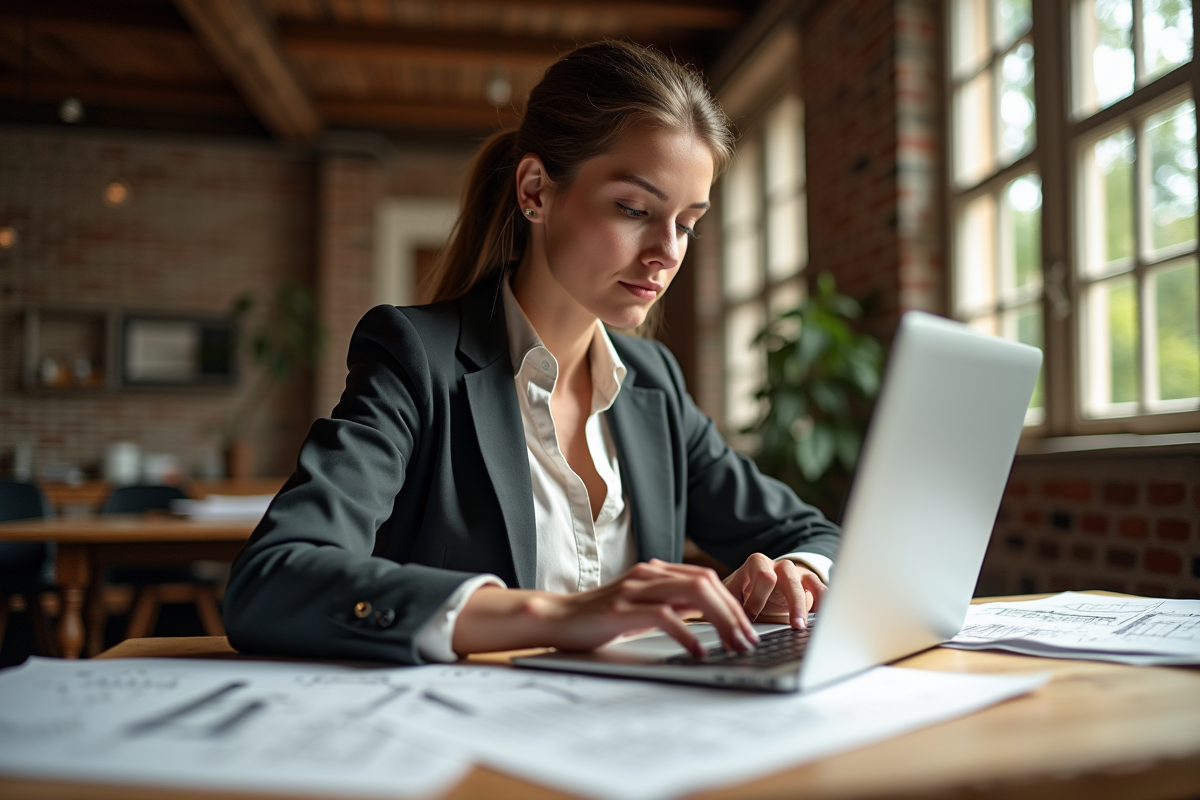 Jeune femme en blazer travaille sur un ordinateur avec plans anciens