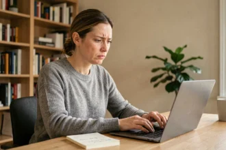 Femme lisant des avis partagés sur une plateforme immobilière comme 123loger sur son ordinateur portable à domicile