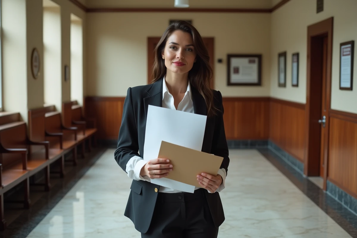 Femme professionnelle dans un couloir de tribunal avec dossier