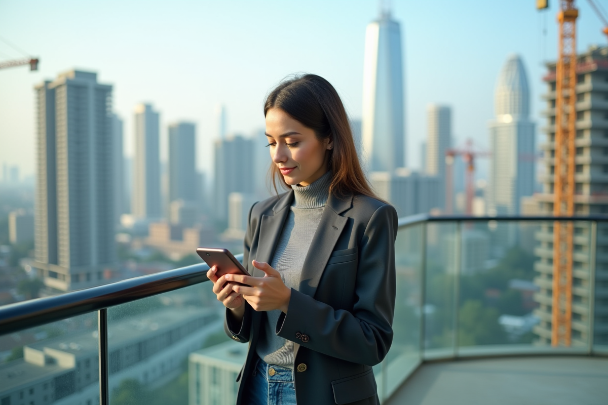 Jeune femme sur un balcon regardant son smartphone