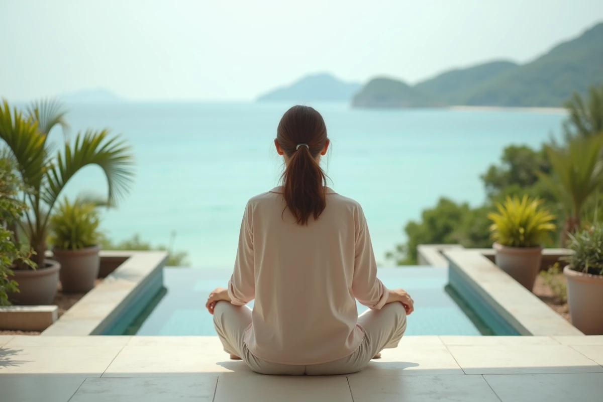 Femme détendue regardant la mer depuis un balcon en Thaïlande